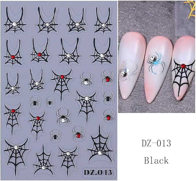5 Sheets Halloween Nail Stickers for Nail Art, 5D Embossed Diamond Self-Adhesive Colorful Spider Web Nail Decals, Ghost Nail Supplies Design Accessories for Women and Girls Manicure DIY Decoration