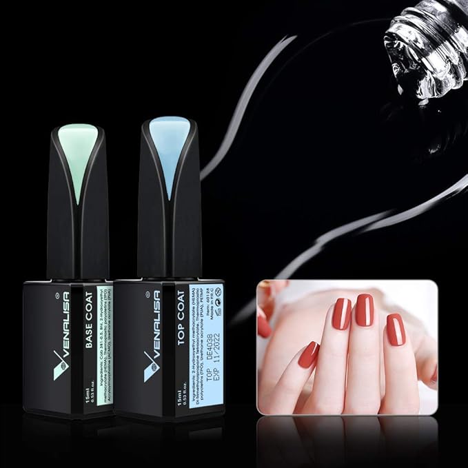 VENALISA 2 Pcs 15ml Gel Nail Ploish Base and Top Coat Set, No Wipe High Gloss Long Lasting Tempered Top Coat Polish Soak Off LED Gel Kit
