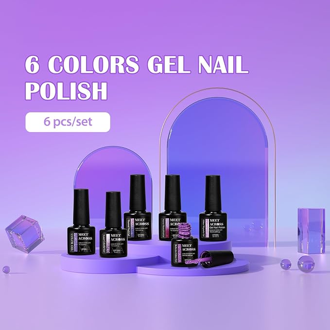 MEET ACROSS Gel Nail Polish Set 6 Pcs Glitter Colors Gel Nail Kit Art Design Soak Off UV LED (SET-12, 6pcs)
