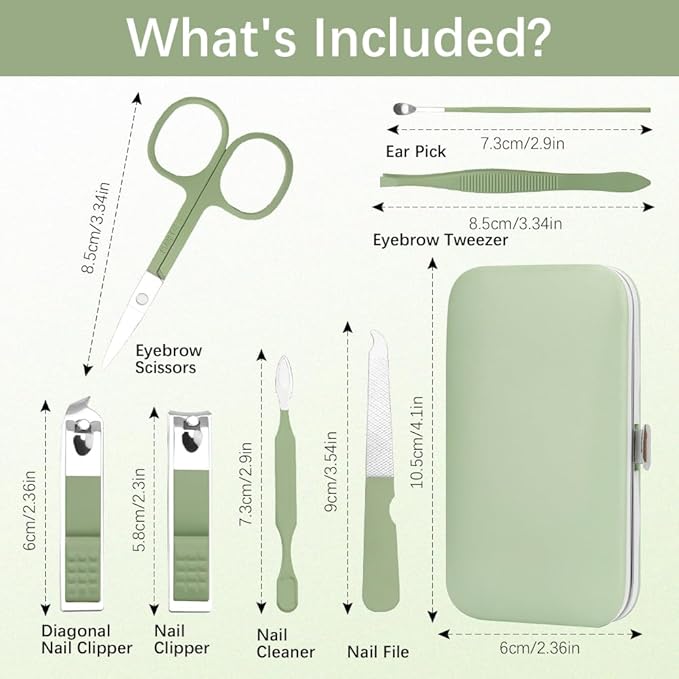 Green Manicure Set, Nail Clipper Set 7 in 1 Manicure Kit Stainless Steel Nail Clipper Kit Pedicure Kit Portable Nail Grooming Kit Fingernail Toenail Clippers for Men Husband Boyfriend Women