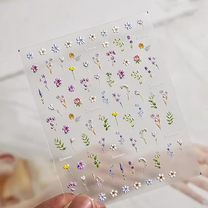 1Pcs Little Wild Flower Nail Stickers Small Daisy Nail Decals 5D Embossed Wildflower Nail Art Stickers Spring Summer Pink Yellow Blue White Green Flower Design Nail Art Decoration for Women Girls Kids