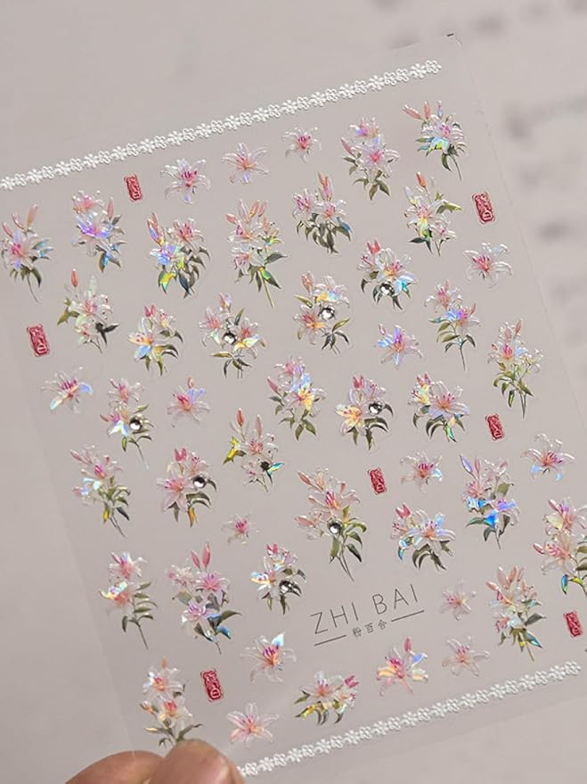 Pink Lily Nail Stickers 5D Embossed – Premium Salon-Quality Nail Charm Accessories, Easy Application & Self-Adhesive Pearl Floral Blossom Decal for DIY Manicure, Nail Art, Press on, Home or Salon Use