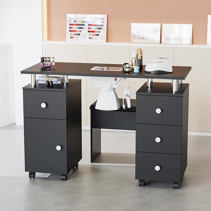 OmySalon Nail Desk and Chair Set, Manicure Table with Dust Collector, Arm Rest, 8 Wheels, Acetone Resistant Desktop, Drawers & Cabinet Storage for Makeup Beauty Salon (Black)