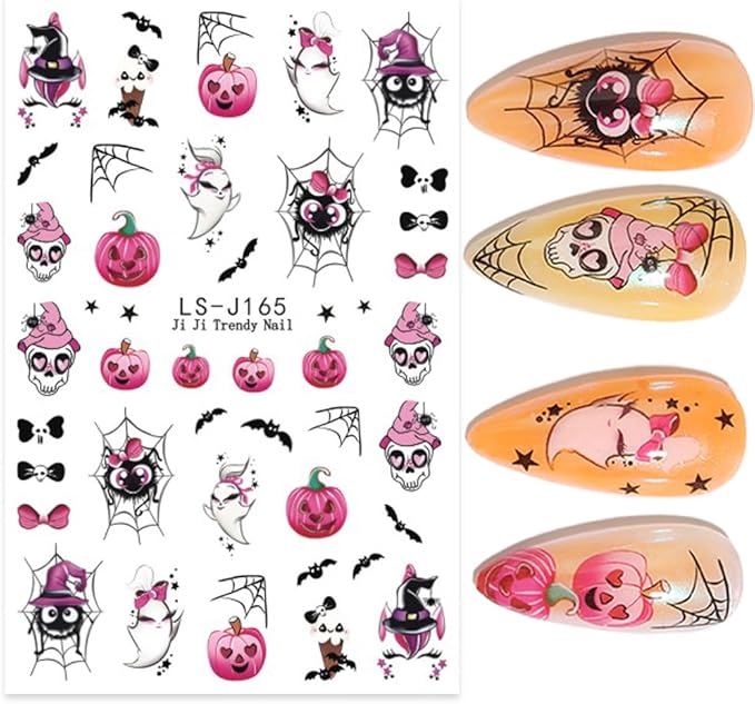 Halloween Nail Stickers Ghost Spider Web Nail Art Stickers Bat Cat Skull Flower Nail Decals Self-Adhesive Spooky Gothic Design Sticker Holiday Nail Art Decoration for Women Manicure Accessories 5Pcs