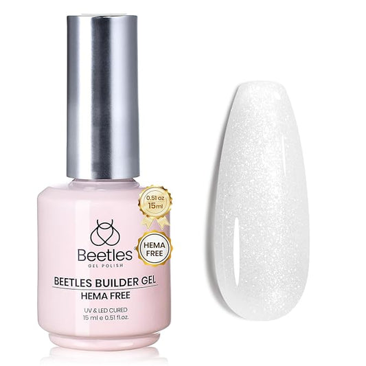 Beetles Builder Gel for Nails HEMA-Free,0.5 oz 8 in 1 White Glitter Builder Nail Gel for Thickening Apex Building Strengthener Extension LED/UV Lamp Galaxy Whispers Color DIY Salon for Begginer