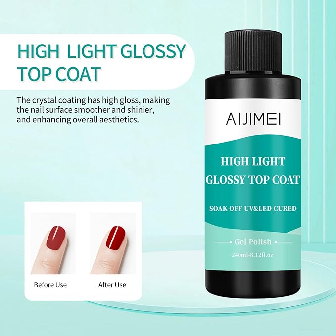AIJIMEI 240ml High Shine Glossy Top Coat for Nails Long Lasting, Smooth TopCoat, High Light Glossy Top Coat for DIY Nail Art Use Enhance Your Manicure with Brilliant Reflection 8 Fl Oz