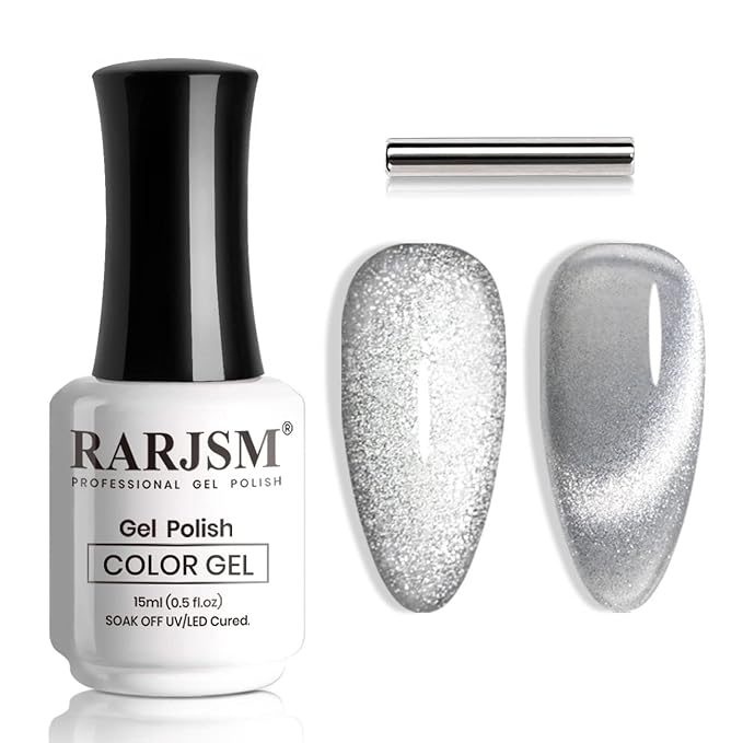 RARJSM Silver Cat Eye Gel Nail Polish 9D Cateye Galaxy Universal Glitter Shimmer Velvet Ice Gel Polish Single Bottle 15ml with Magnetic Stick UV LED Curing Requires Soak Off Home Salon DIY Manicure