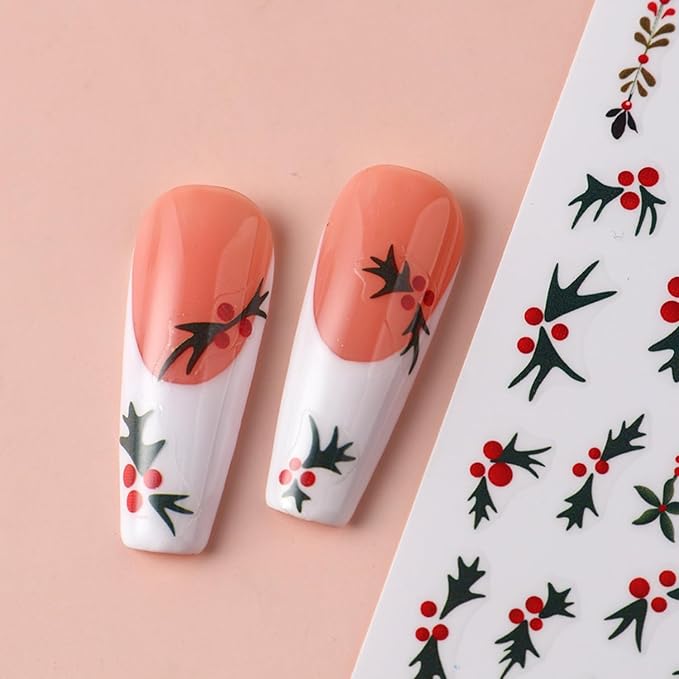 6PCS Christmas Nail Art Stickers Holly Nail Decals 3D Self-Adhesive Nail Stickers Christmas Tree Nail Art Supplies Green Leaves Holly Fruit Nails Accessories for Women Xmas Acrylic Manicure Decoration
