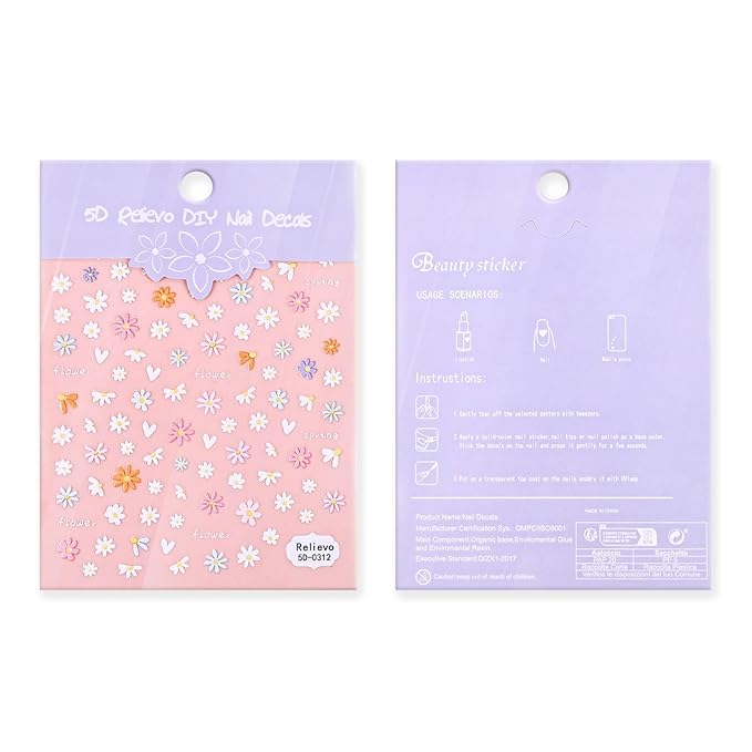 Nail Art Stickers Decals 5D Embossed Flower,Nail Decals Spring Summer Daisy Nail Art Design Self-Adhesive,Nail Accessories for Women Nail DIY Decoration