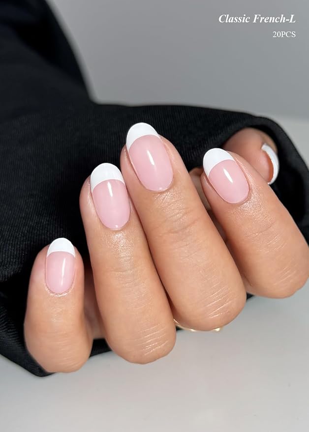 Semi Cured Gel Nail Strips (Classic French-L), White French Tip, 20 Pcs Gel Nail Wraps, Stickers, UV Light Required, Salon Quality, Long Lasting