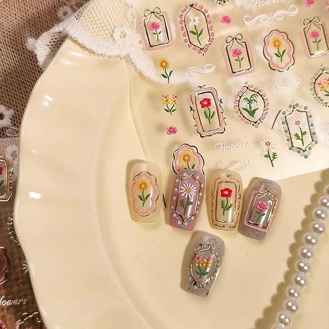 Tulip 5D Embossed Nail Art Stickers, Self-Adhesive Floral Design Decals with Golden Frames, Spring Summer Manicure Decorations for Women, 2 Pieces