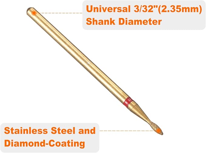 HARFINGTON 8pcs 200-230 Grits Diamond Grinding Bit 1.3mm Oval Head 2.35mm Shank 3.6mm Length Titanium Plated Stone Sanding Drill Bits Rotary Tool for Nails Grinding Polishing