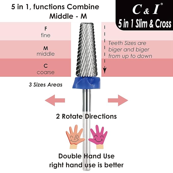 C & I 5 in 1 Nail Drill Bit, Cross & Slim Edition, Professional Nail Drills for Electric Manicure Drill Machine (Middle -M)