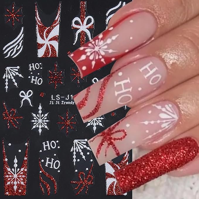 Christmas Nail Art Stickers Glitter Snowflake Candy Self-Adhesive Xmas Nail Decals Nail Art Supplies 6PCS Red Gold Glitter Xmas Tree Bow French Tip HOHO Design Christmas Stickers for Nails Decoration