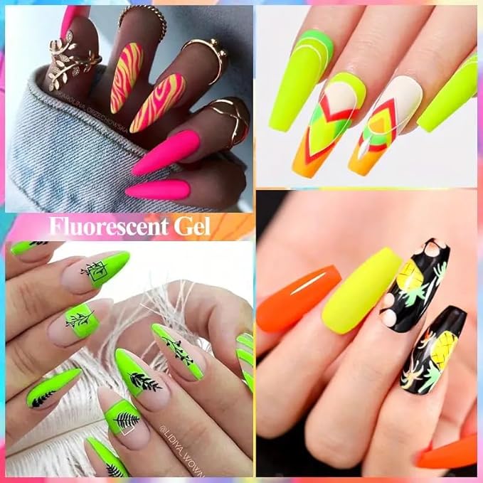 MEET ACROSS Neon Gel Nail Polish Set, 8 Colors Fluorescent Hot Pink Orange Blue Yellow Green Purple Red Rose Spring Summer Nail Polish Kit for Halloween