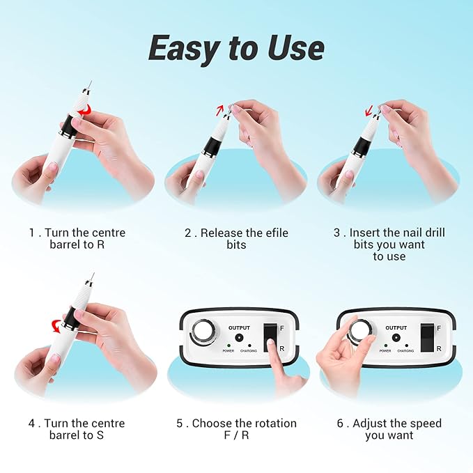 AIRSEE Professional Rechargeable 30000 RPM Nail Drill Machine Portable Efile Electric Nail File Wireless Manicure Pedicure Set Acrylic Gel Nail Grinder Tools with 6 Bits and Sanding Bands E6 Black