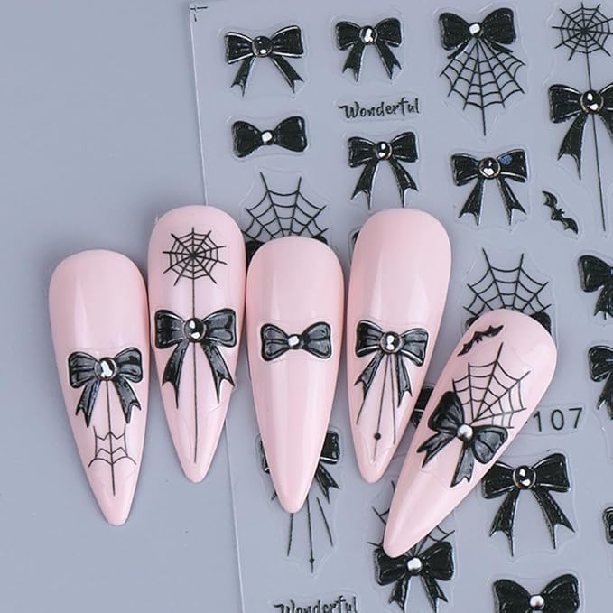 4Pcs Spider Web Halloween Nail Stickers 3D Bow Bat Spider Nail Decals Spooky Self Adhesive Black Cobweb Nail Design Sticker Halloween Nail Decoration Supplies Holiday Manicure Accessories for Women