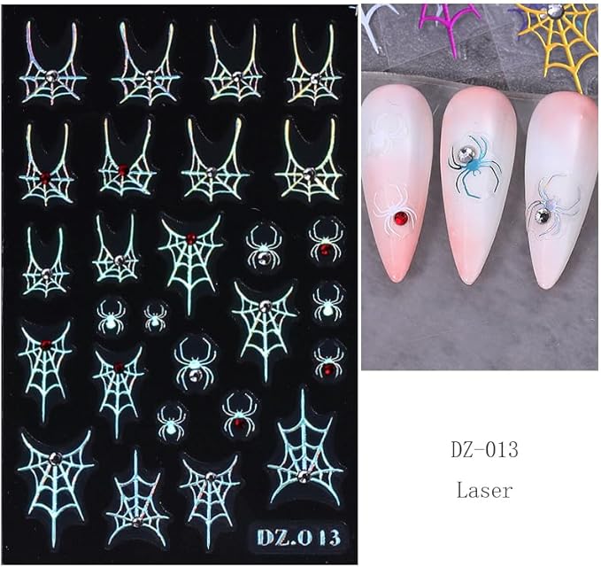 5 Sheets Halloween Nail Stickers for Nail Art, 5D Embossed Diamond Self-Adhesive Colorful Spider Web Nail Decals, Ghost Nail Supplies Design Accessories for Women and Girls Manicure DIY Decoration