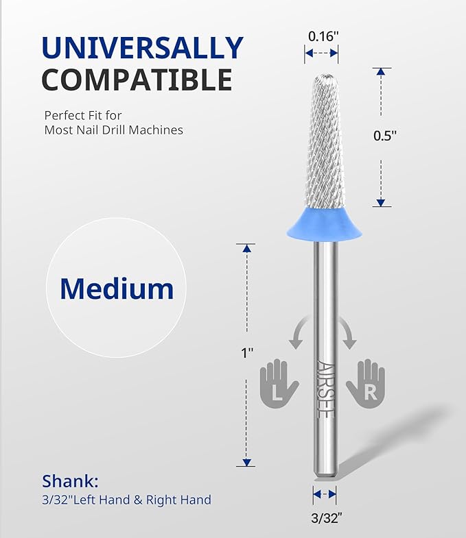 AIRSEE Tungsten Carbide Acrylic Nail Drill Bit Efile Electric File Machine Head Tip for Manicure Polishing Art Remove Gel 3/32" 2 Way Safety Use Ball Top Tapered Bit Cone Shape Medium-M