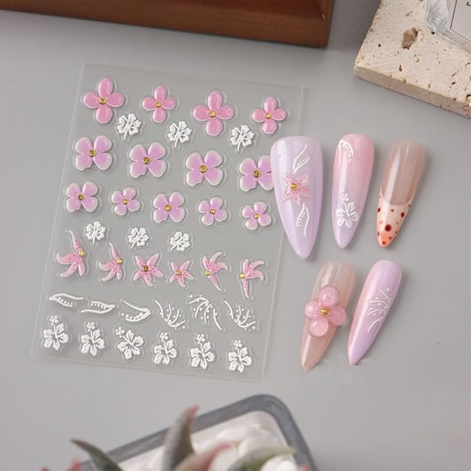 6 Sheets Flower Nail Art Stickers, 5D Embossed Hawaiian Floral Nail Decals 3D Self-Adhesive Hibiscus Tropical Floral Summer Spring Stickers for Women Girls DIY Manicure Decorations