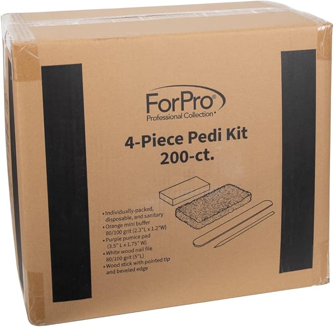 ForPro 4-Piece Pedi Kit, 200-Count, Individually-Packed Pedicure Set, Purple Pumice Pad, White Wood Nail File 80/100 Grit, Orange Mini Buffer 80/100 Grit, Wood Stick