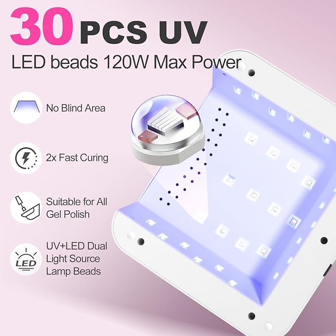 UV Nail Lamp 120W, Professional UV LED Lamp for Gel Nails Long-Lasting 30Pcs Beads Cordless Gel Nail Light, Fast Curing Nail Dryer with Knob for Home Salon DIY Pink