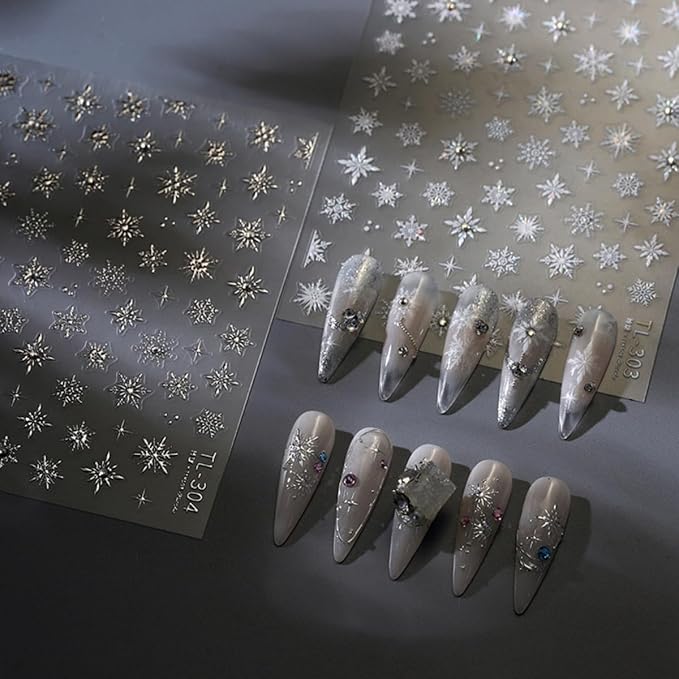 5D Embossed Snowflake Nail Sticker Silver Snowflake Christmas Nail Art Sticker Self Adhesive Nail Decals Shiny Rhinestone Nail Art for Women Girls Winter Holiday Manicure DIY Nails Supplies