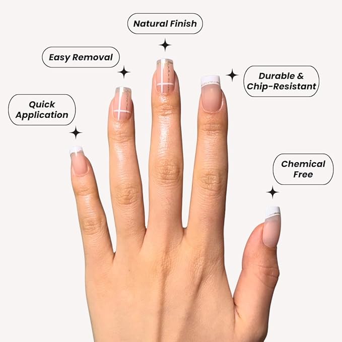 Perfect Look Press On Nails - Golden Grid | No Glue One-Day Short Square Nails, Nude French Tips with Checkered Line Design - 24 Pcs Nail Kit with Adhesive Tabs