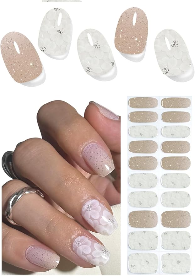 Semi Cured Gel Nail Strips, White Flower 20pcs Adhesive UV Sticker, Wraps for Home Manicure DIY