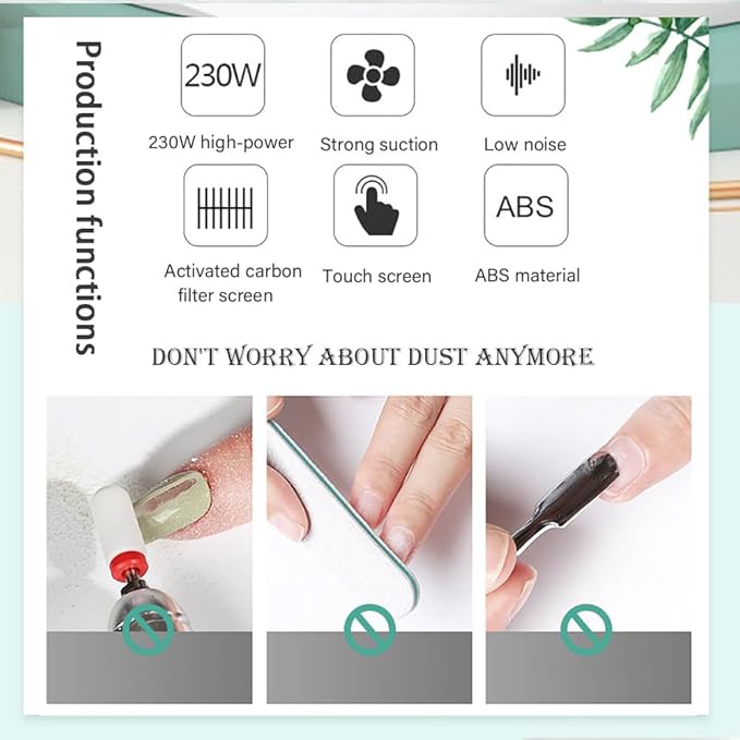 Nail Dust Collector 230W With LED Light and Drill 100-230V Multifunctional Extractor for Acrylic Gel Nails, Salon (Machine With Filter)