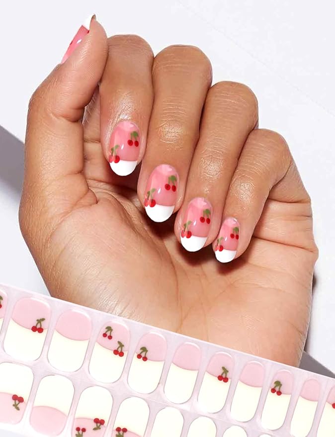 Semi Cured Gel Nail Strips Cute Cherry Gel Stickers French White Salon Quality DIY Nail Wraps Manicure Stickers for Easy Application