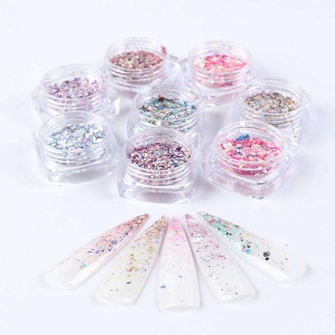 Holographic Nail Art Sequins Glitter Kits 8 Boxes 3D Nails Glitter Metallic Shining Flakes Acrylic Powder Dust Sequins for Nails Decoration Holographic Manicure Tips (Pink)