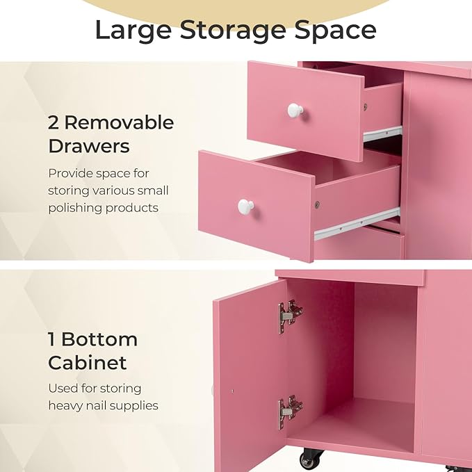 Winado Foldable Manicure Table for Nail Tech, Nail Desk Station Makeup Beauty Salon Storage Acetone Resistant w/Electric Dust Collector, Lockable Wheels, Wrist Cushion, Drawers & Cabinet, Pink