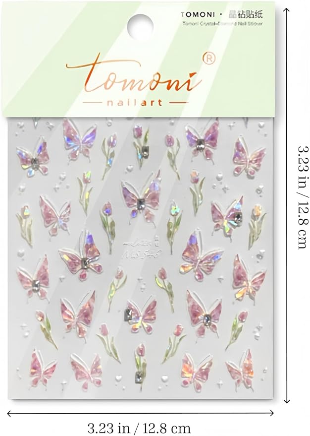 Tulips Butterfly Nail Stickers 5D Embossed – Premium Salon-Quality Nail Charm Accessories, Easy Application & Self-Adhesive for DIY Manicure, Tulip Butterflies Nail Art, Press on, Home or Salon Use