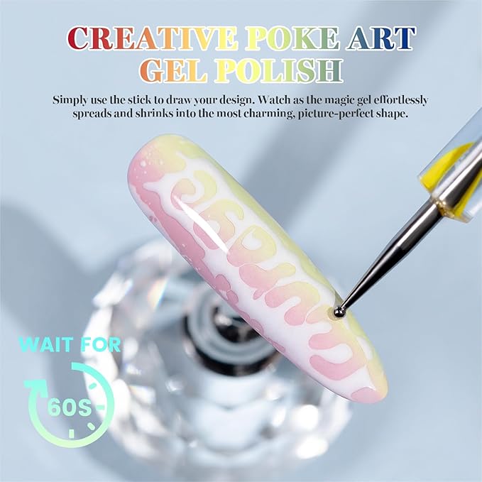 RARJSM Nail Art Poke Gel Nail Polish Set 6pcs Cracked Hole Clear Black White Pink Blue Yellow Poke Crackle Comic Grid Textures Effect Painted Drawing Wave Gelpolish Curing Need Home Salon DIY Design