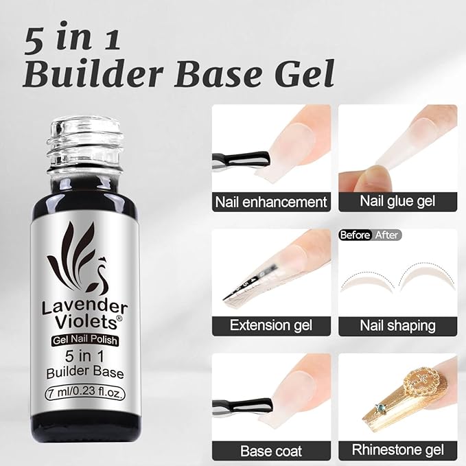 Lavender Violets 6pcs Gel Base and Top Coat Set Nail Dehydrator and Primer, 5-in-1 Builder & Pink Rubber Base Coat, Matte & No-Wipe Top Coat Long-Lasting Manicure Essential Kit for Home DIY C200