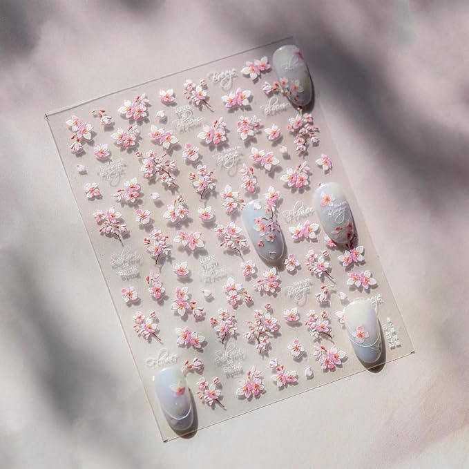 2 Sheets Flower Nail Stickers for Nail Art, 5D Embossed Self Adhesive Spring Summer Sakura Design Nail Supplies Decoration for Women Girl DIY Manicure Accessories