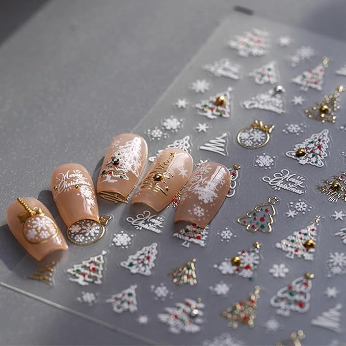 Christmas Nail Art Stickers 5D Christmas Tree Snowflake Nail Decals with Pearl 1PCS White Gold Xmas Tree Crystal Ball Snowflakes Design Self-Adhesive Holiday Stickers for Nails Manicure Decoration