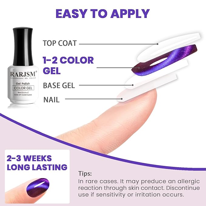 RARJSM Glitter Cat Eye Gel Nail Polish Aurora Purple Multi Color Velvet Diamond Cateye Gel Polish with Magnet Stick Reflective Shimmer UV LED Curing Requires Soak Off for Home Salon Manicure 15ml