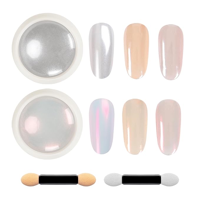 2 Jars Pearl Chrome Nail Powder Set, Mermaid Chrome Nail Powder Pearlescent Iridescent Glitter Dust Kit Nail Art Decoration Gift for Home & Salon