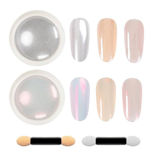2 Jars Pearl Chrome Nail Powder Set, Mermaid Chrome Nail Powder Pearlescent Iridescent Glitter Dust Kit Nail Art Decoration Gift for Home & Salon