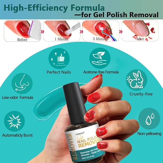 Gel Nail Polish Remover 15ml, No Need Soaking or Wrapping Gel Remover for Nails, Easily and Quickly Removes in 3-5 Minutes