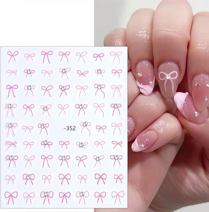 4 Sheets Bow Nail Stickers for Nail Art 5D Self-Adhesive Bow-Knot Nail Decoration Pink Blue Bows Nail Art Stickers with Crystal Diamond Embossed Rhinestones Nail Decals for Women Girls Nail Design