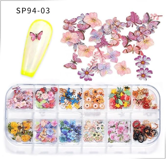 600Pcs 3D Mixed Colorful Flower Nail Art Charms Sequins Decals Colorful Mixed Leaves Daisy Design Slice Nail Flowers Ultra Wood Pulp Flakes Sequins 3