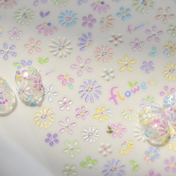 5D Flower Nail Art Stickers,Embossed Self-Adhesive Colorful Floral Nail Decals Cute Daisy Small Flower Floral Nail Art Supplies Summer Nail Design for Women and Girls DIY Manicure Decoration