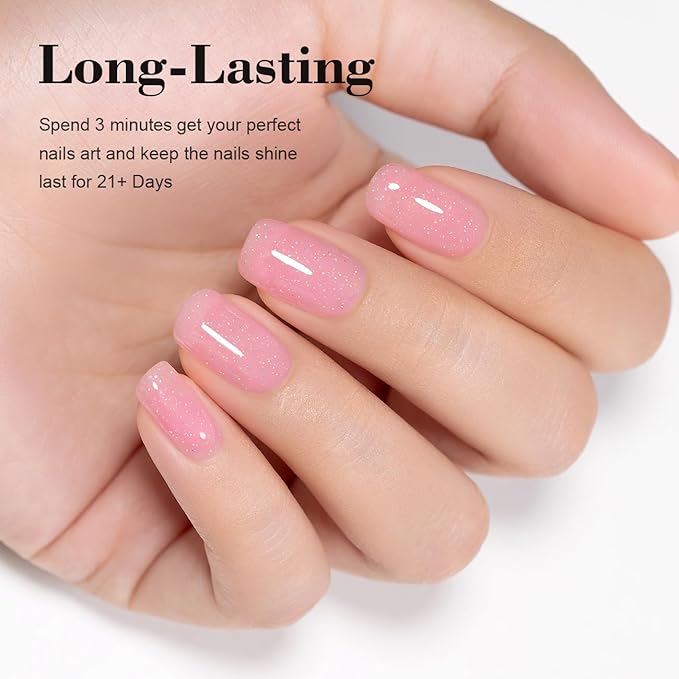 RARJSM Rainbow Glitter Rubber Base Gel Nail Polish Nude Light Pink Rubber Base Iridescent Shimmer Brush on Quick Extend Builder Hard Gel Soak Off Curing Requires 15ml Salon Home French Manicure