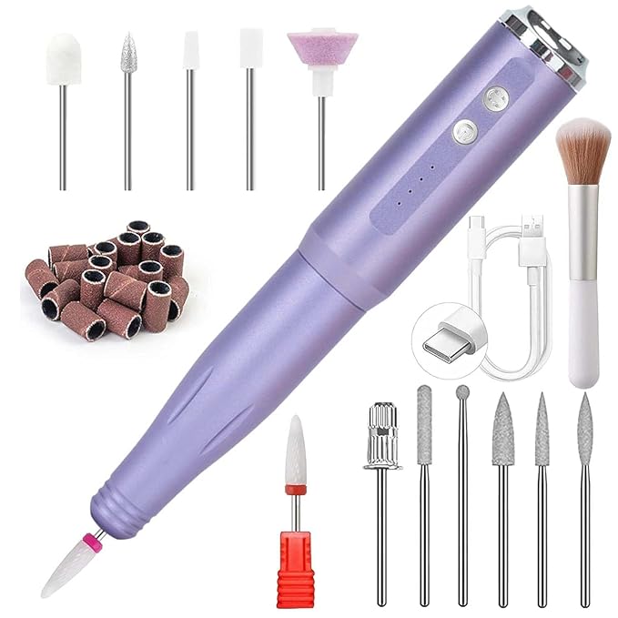Nail Drill and Dremel - 14-in-1 Portable USB-Powered Nail Care Set with 20000RPM Speed for Gel, Dip Powder, Manicure, Pedicure, Shaping & Polishing, in Elegant (Violet)
