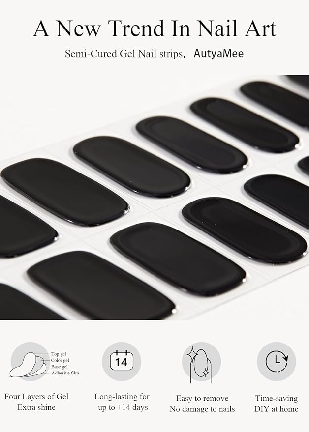 Semi Cured Gel Nail Strips (Black N03), 20 Pcs Gel Nail Wraps, Stickers, Salon Quality, Long Lasting, Works With Any Lamps