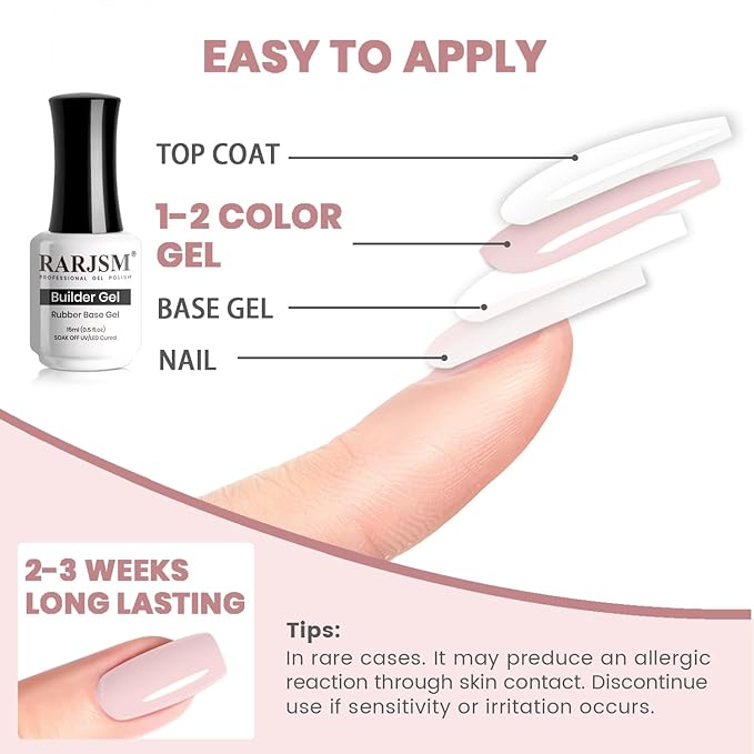RARJSM Rubber Base Coat Gel Polish Nude Peach White Pink Skin Tone Rubber Base Gel for Nails Natural Color French Manicure Extend Gel Soak Off Curing Requires Single Bottle 15ml Salon Home DIY Use