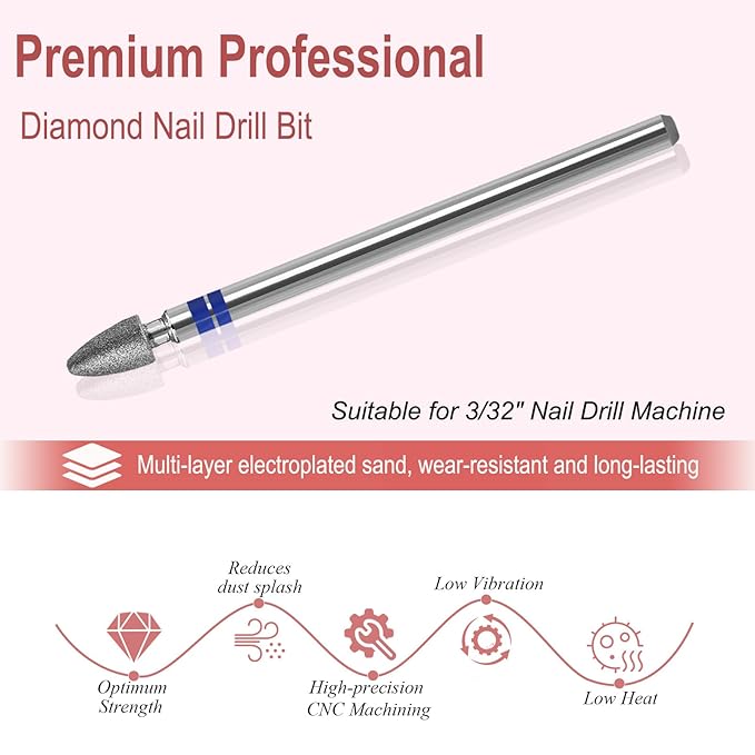 Diamond Nail Drill Bits Pro Cuticle Drill Bit Nail Buffer Bit Russian Electric Bits for Under Nail Dead Skin Cleaning Cuticle Remove Nail Art Design Manicure and Pedicure (Medium)